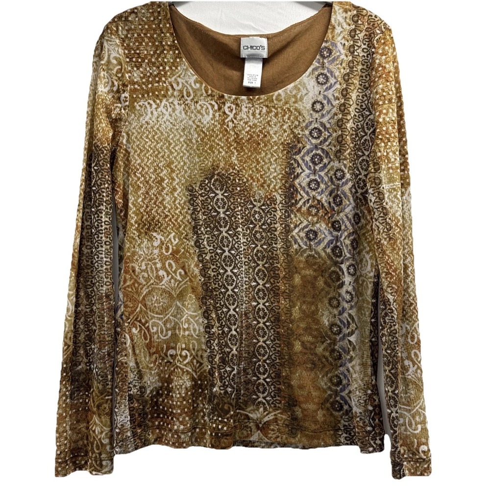 Chicos Women's Top Size Medium Brown Gold Mesh‎ Semi Sheer Stretch 3/4 Sleeves